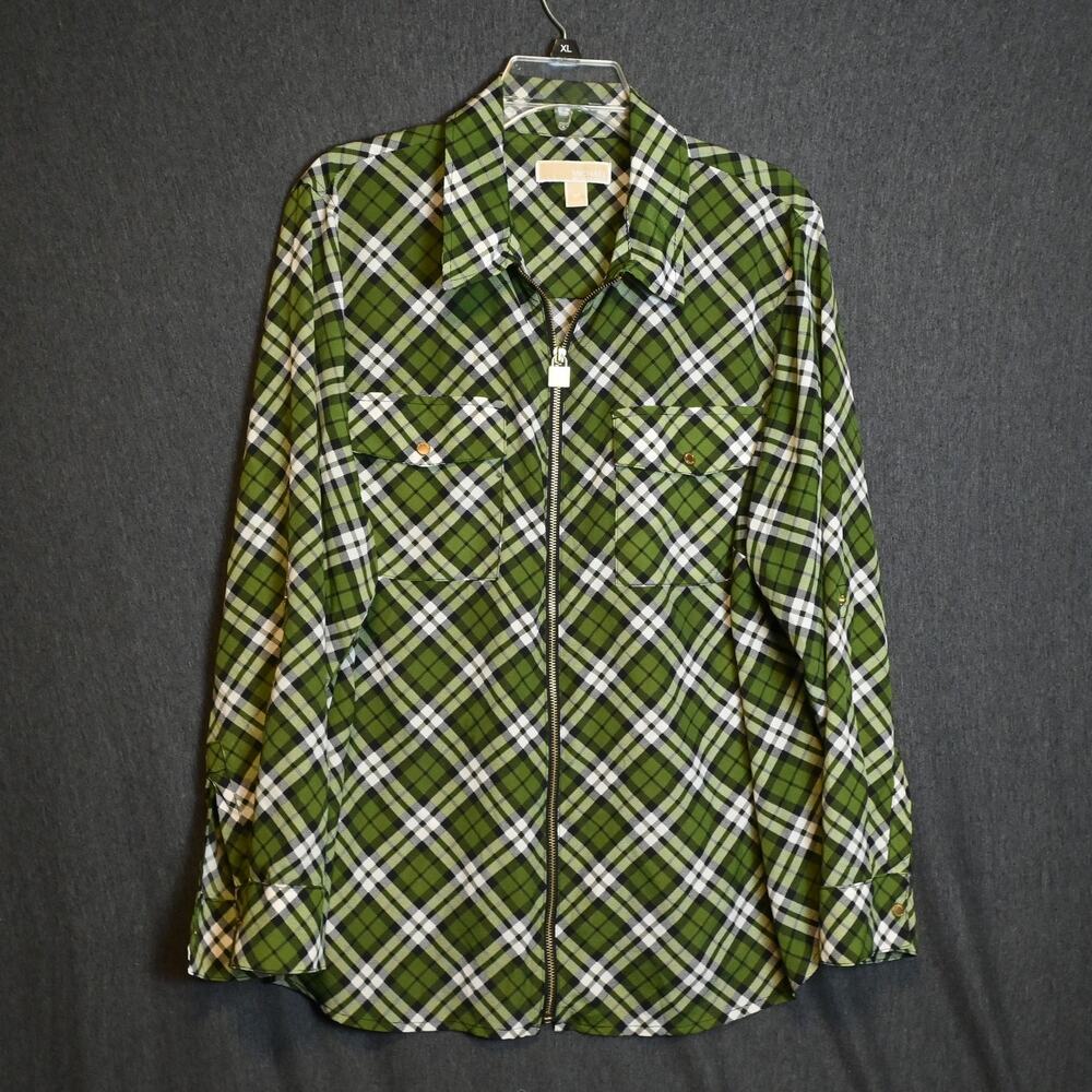 Michael Kors Women's 2X Plaid Zip-Front Long Sleeve Blouse Shirt Collared